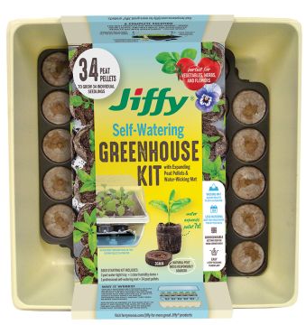 Jiffy® Self-Watering Greenhouse Kit 34 36mm Cells & Pellets, Water-Wicking Mat, Tray & Dome
